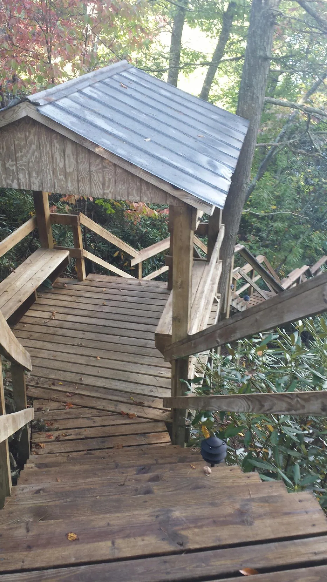 Metal roofed shelter over wooden steps on a wooded walkway — Skylight Repair & Installation work by our crew in Robins